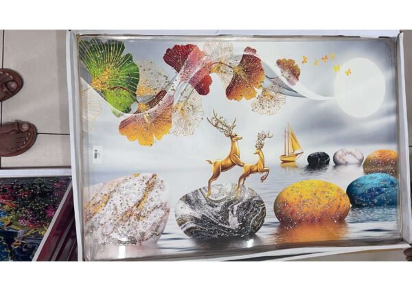 Modern Golden Deer & Ginkgo Leaf Crystal Glass Wall Art Frame
