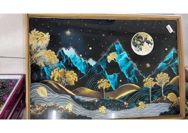 Abstract Turquoise Mountain & Golden Tree Full Moon Wall Art Frame