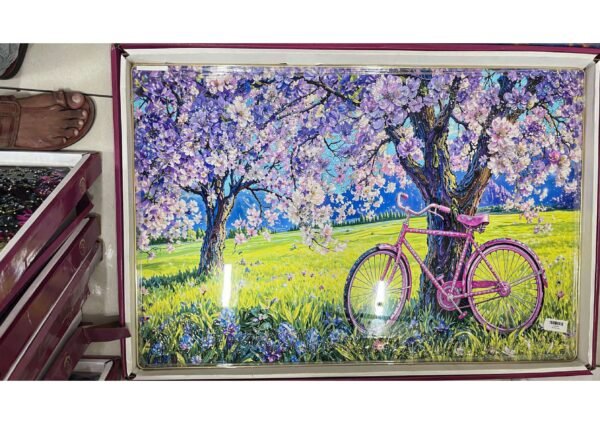 Vibrant Pink Bicycle under Purple Blossom Trees Landscape Wall Art Photo Frame