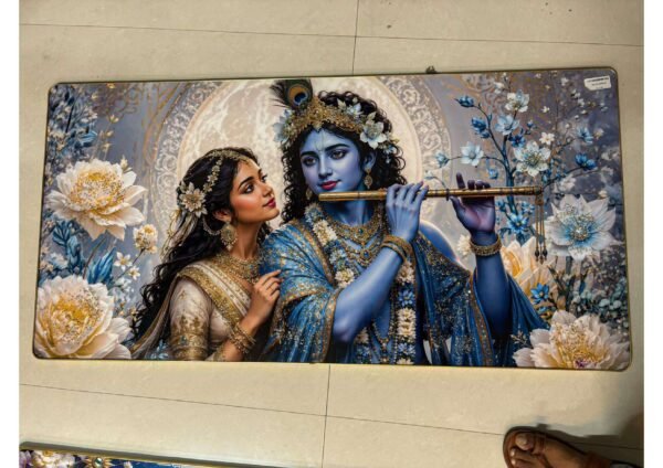 Divine Aesthetic Pearl Blue Radha Krishna Flute Romance Panoramic Wall Art Photo Frame