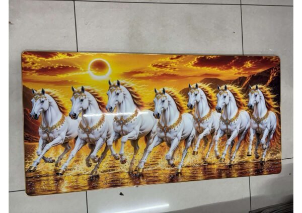 Vastu 7 Running White Horses Golden Sunrise Panoramic Wall Art Photo Frame