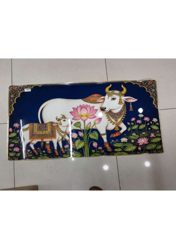 Sacred Kamadhenu Cow and Calf Lotus Pond Royal Blue Panoramic Wall Art Photo Frame