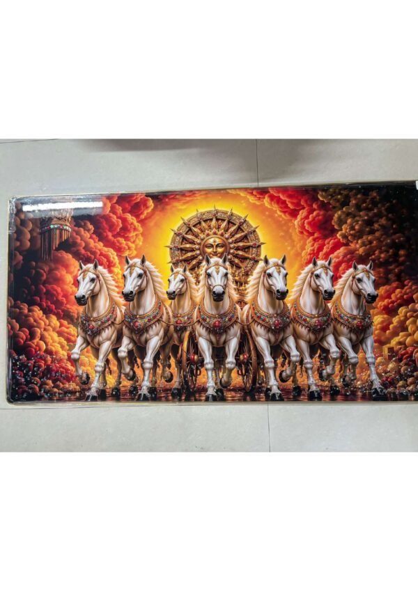 Vastu 7 Running White Horses Surya Dev Chariot Panoramic Wall Art Photo Frame