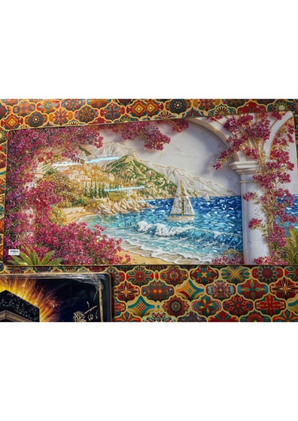 Mediterranean Sea View Sailboat & Pink Bougainvillea Panoramic Wall Art Photo Frame