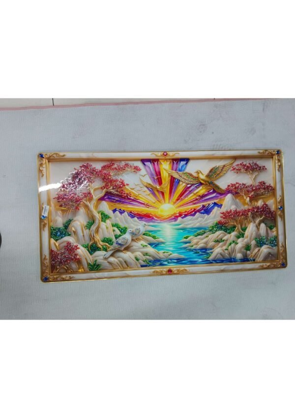 3D Relief Golden Phoenix & Rising Sun Mountain Landscape Wall Art Photo Frame 24*48 SIZE