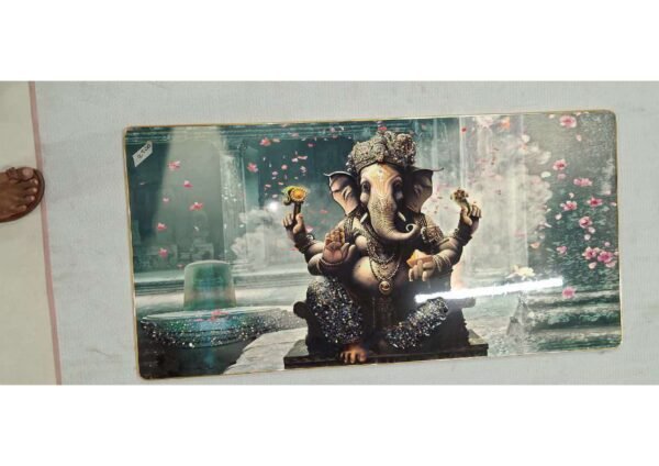 Divine Lord Ganesha with Shiva Lingam Floral Shower Panoramic Wall Art Photo Frame