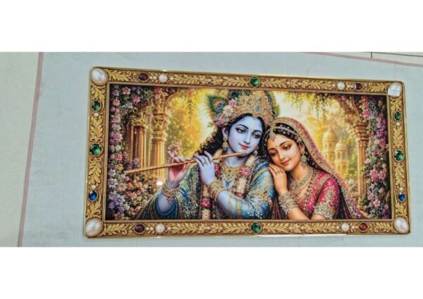 Royal Gem-Studded Frame Radha Krishna Flute Romance Panoramic Wall Art Photo Frame