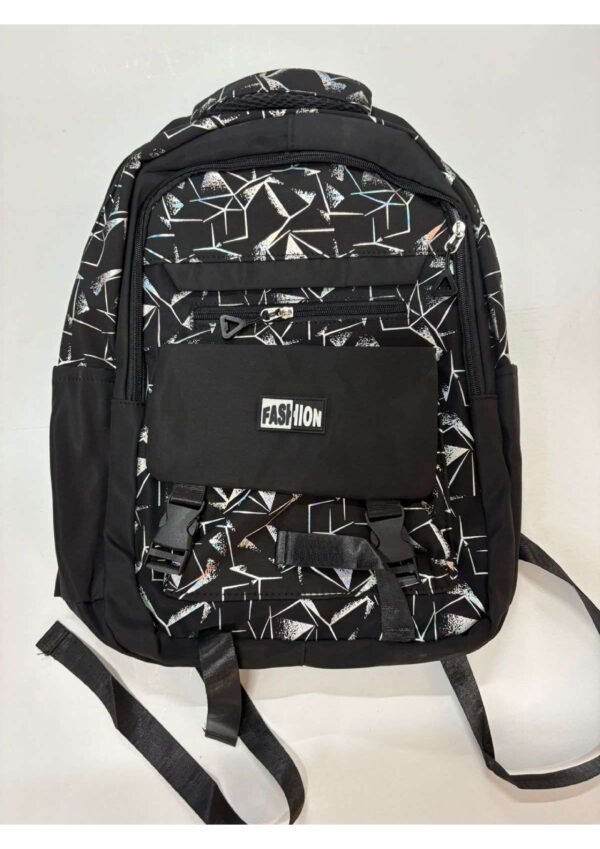 Trendy Geometric Printed Black Backpack with Buckle Flap Pocket for School & College