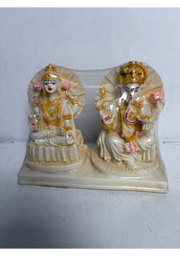 White & Gold Laxmi Ganesh Idol Set on Marble-Finish Base