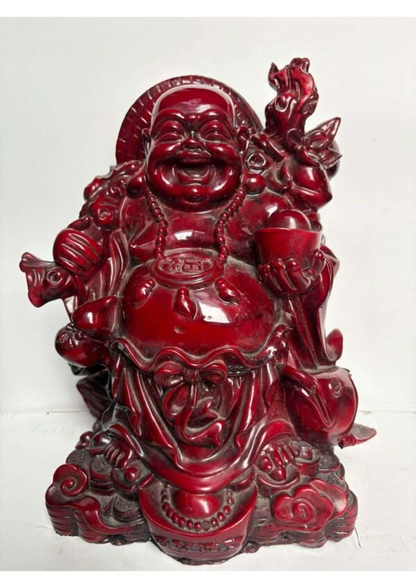 Red Resin Laughing Buddha Statue holding Money Ingot & Sack
