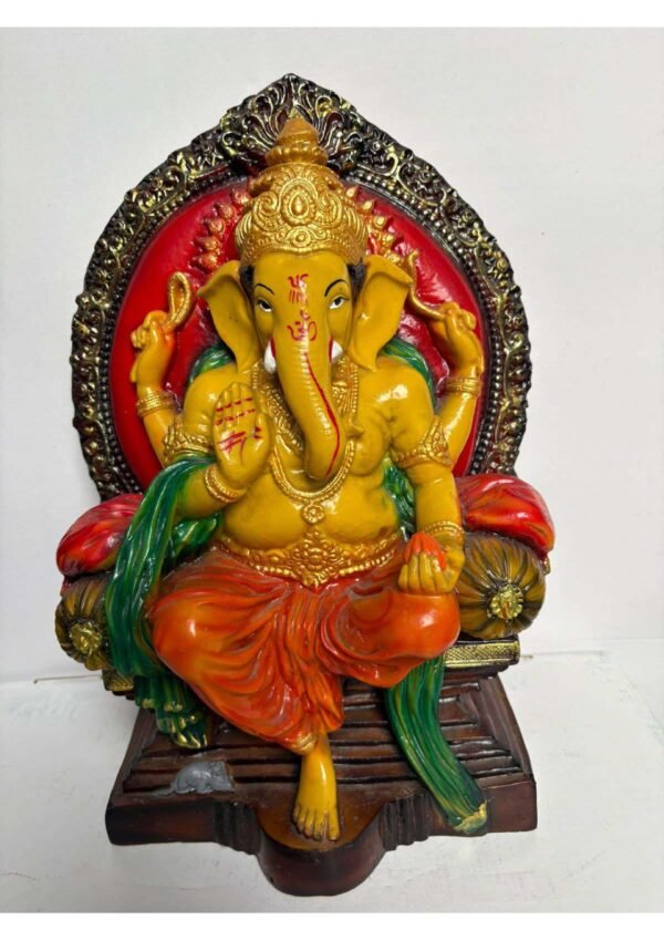 Lord Ganesha Statue on Royal Throne with Decorative Prabhavali Frame for Home Temple