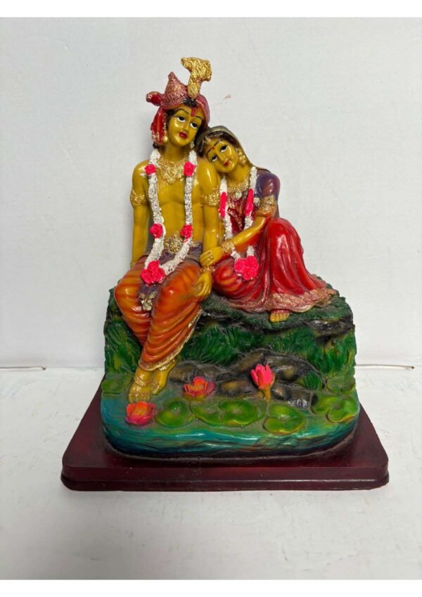 Radha Krishna Statue Sitting Near Lotus Pond for Home Temple & Decor