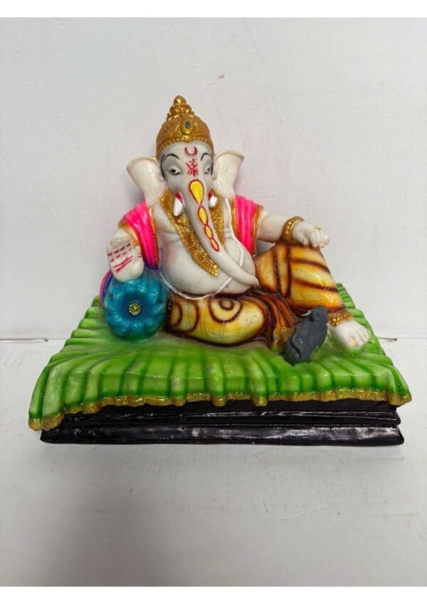 Lord Ganesha Statue Reclining on Cushion Mat with Mooshak for Home Temple