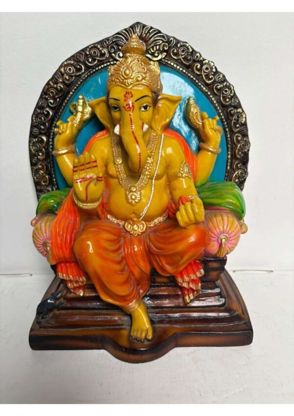 Lord Ganesha Statue on Decorative Throne with Prabhavali Frame for Home Temple