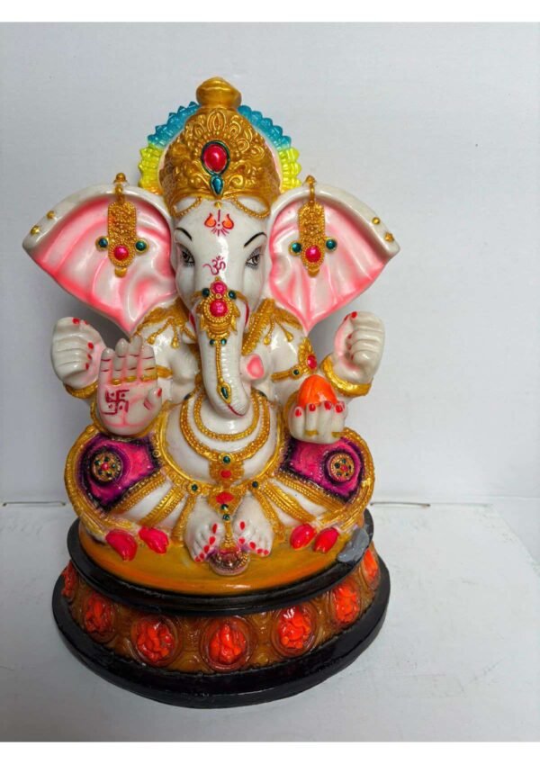 Lord Ganesha Statue in White Marble Finish with Gold & Pink Accents for Home Temple