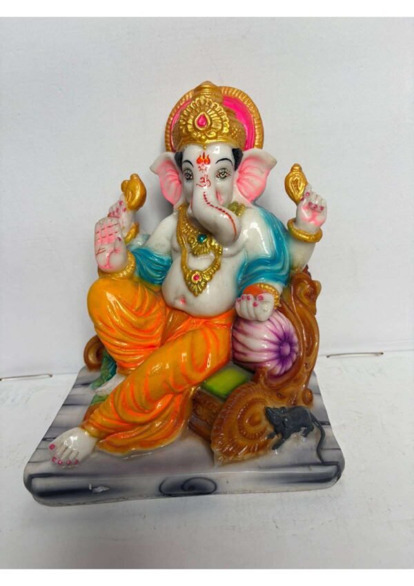 Lord Ganesha Statue on Throne with Mooshak for Home Temple & Decor