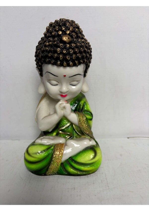 Cute Praying Little Monk Buddha Statue in Green Robe for Home Decor