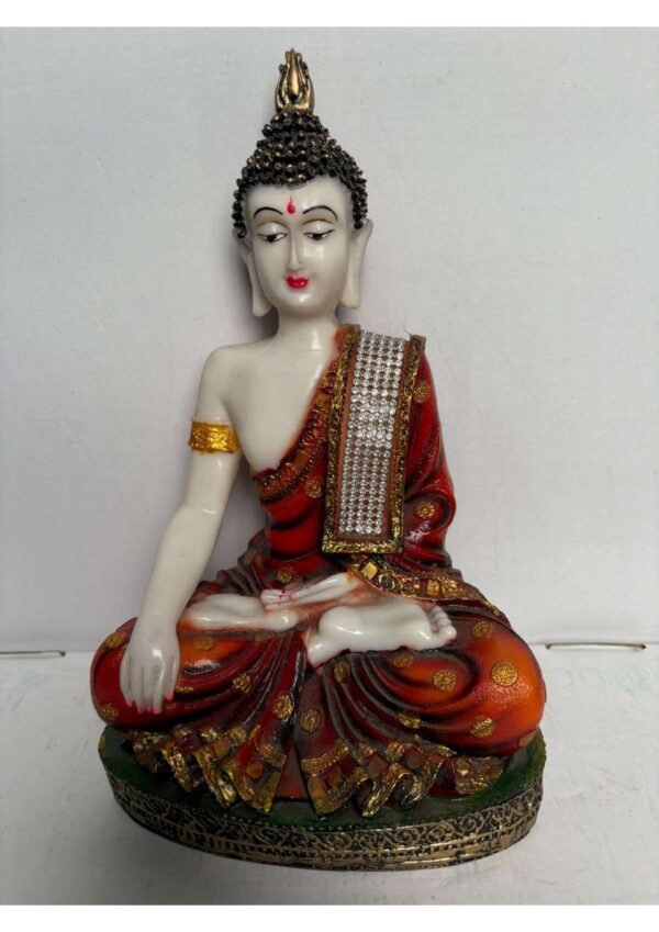 Lord Buddha Statue in Red & Gold Robe with Stone Work for Home Decor