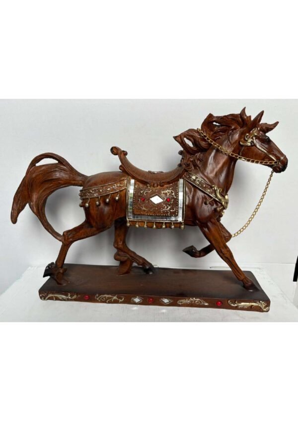 Royal Wooden Finish Decorated Galloping Horse Statue for Vastu & Home Office Decor