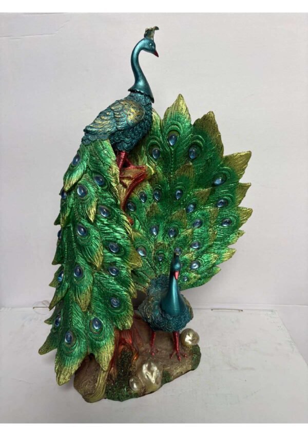 Elegant Green & Gold Pair Peacock Statue with Gemstone Accents for Home Decor