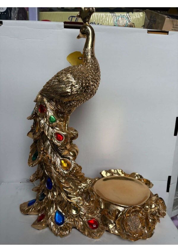 Royal Metallic Gold Peacock Stand with Multicolored Gemstones for Home & Table Decor