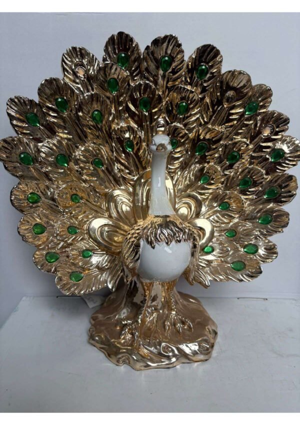 Royal Metallic Gold & White Peacock Statue with Green Gem Accents for Home Decor